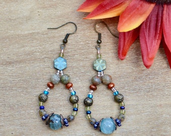 dangle earrings / multi gemstone jewelry / teardrop hoop beaded earrings / boho earrings / gift for her / Christmas gifts /stocking stuffers