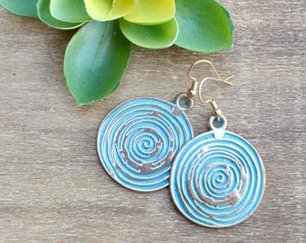 rustic boho spiral earrings / summer jewelry / dangle earrings  / gold and blue earrings / gifts for her / gifts for mom / gift for her