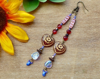 red heart earrings / beaded earrings / dangle earrings / gift for her / handmade gift / gifts for her / summer jewelry / statement  earrings