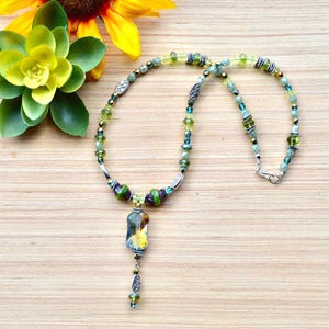 Sparkly Green Beaded Pendant Necklace: Silver Boho Statement Jewelry