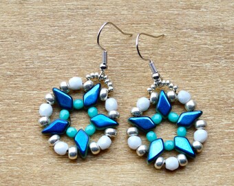 Blue Star Beaded Hoop Earrings: Handmade Boho Jewelry