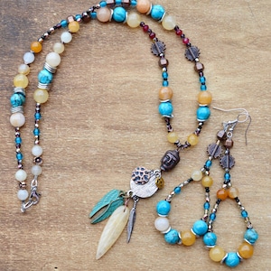 Turquoise Beaded Buddha Pendant Necklace and Earrings Set
