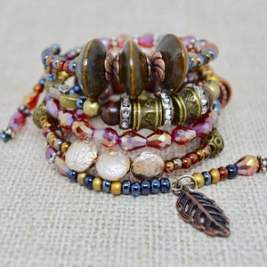 Crystal Beaded Wrap Bracelet: Boho Copper Feather Charm Jewelry