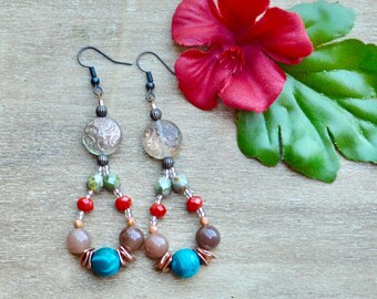dangle earrings / beaded hoop dangle earrings / gemstone beaded earrings / gift for her / Christmas gifts/ bohemian jewelry / boho earrings