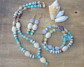 Beaded Jewelry Gift Set For Her / Beach Jewelry / Summer Jewelry / Necklace / Earrings / Bracelet / Multi Gemstone Bohemian Gift Set For Her