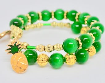 pineapple charm bracelet - boho wrap - gold beaded wrap bracelet - spring beaded wrap bracelet - green and gold wrap beaded bracelet