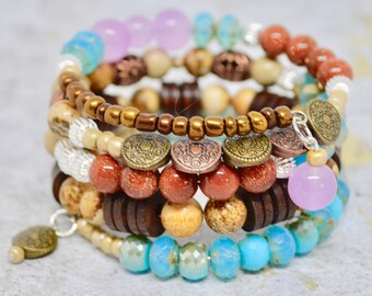 obsidian beaded gemstone bracelet - boho wrap - wrap bracelet - gemstone wrap bracelet  - beaded wrap bracelets - gift for her -boho jewelry