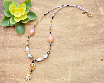 Boho Crystal Beaded Necklace: Handmade Gold Flower Pendant
