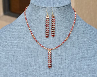 red and gold seed bead bar pendant necklace and earrings jewelry set - gift for mom - handmade jewelry - gift for her - bohemian jewelry