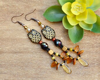 owl dangle earrings / halloween jewelry / dangle earrings / boho jewelry / drop earrings / gift for her / bird earrings / black owl earrings