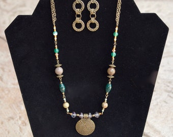 Necklace / earrings / jewelry gift set / multi gemstone beaded jewelry / bar necklace / antique brass gemstone beaded earring and necklace