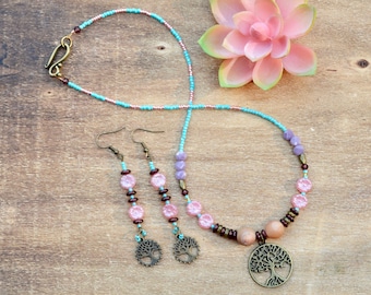 tree of life pendant necklace and earrings / bohemian necklace / boho jewelry / pink czech glass flower beaded jewelry /holiday gift for her