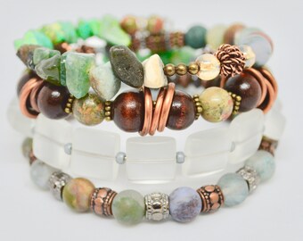 Copper Quartz Gemstone Beaded Wrap Bracelet: Boho Memory Wire Jewelry