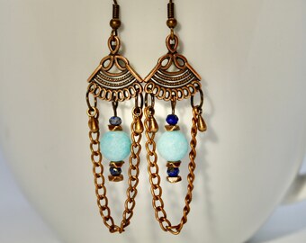 Copper and lapis chandelier earrings with turquoise/rustic copper jewelry gift set for her/Bohemian lapis earrings for her/gemstone jewelry