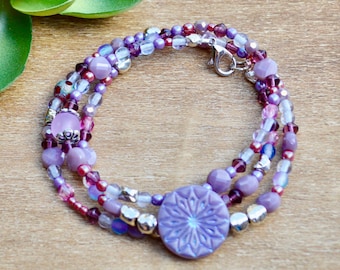 purple mandala flower beaded bracelet / boho bracelet / purple beaded wrap bracelet / seed bead bracelet / handmade mala bracelet / mom gift