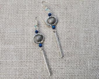 Hammered Silver Dangle Earrings: Blue & Grey Beaded Handmade Jewelry