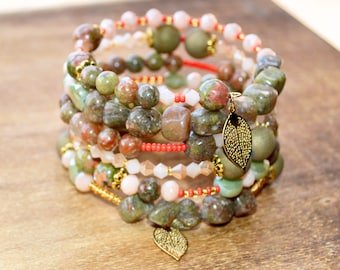 Unakite Jasper Beaded Wrap Bracelet – Handmade Boho Jewelry