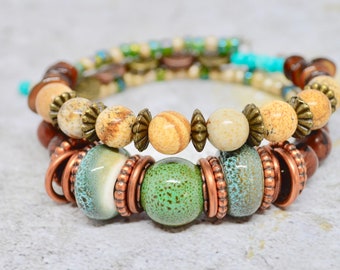 earthy jasper beaded wrap bracelet/boho beaded bracelets/gifts for her/copper wrap/trendy jewelry/Christmas gifts/stocking stuffers