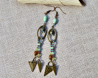 boho hippie dangle earrings/earrings for her/handmade unique gifts for her/gypsy beaded dangle antique brass earrings for her/Mothers Day