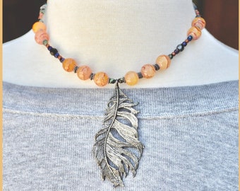 Antique Silver Rustic Leaf Pendant Beaded Necklace/Autumn Beaded Rustic Leaf Chunky Pendant/Gift For Her/Bohemian Jewelry/feather jewelry