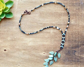 Handmade Czech Glass Leaf Necklace: Beaded Copper Toggle Clasp