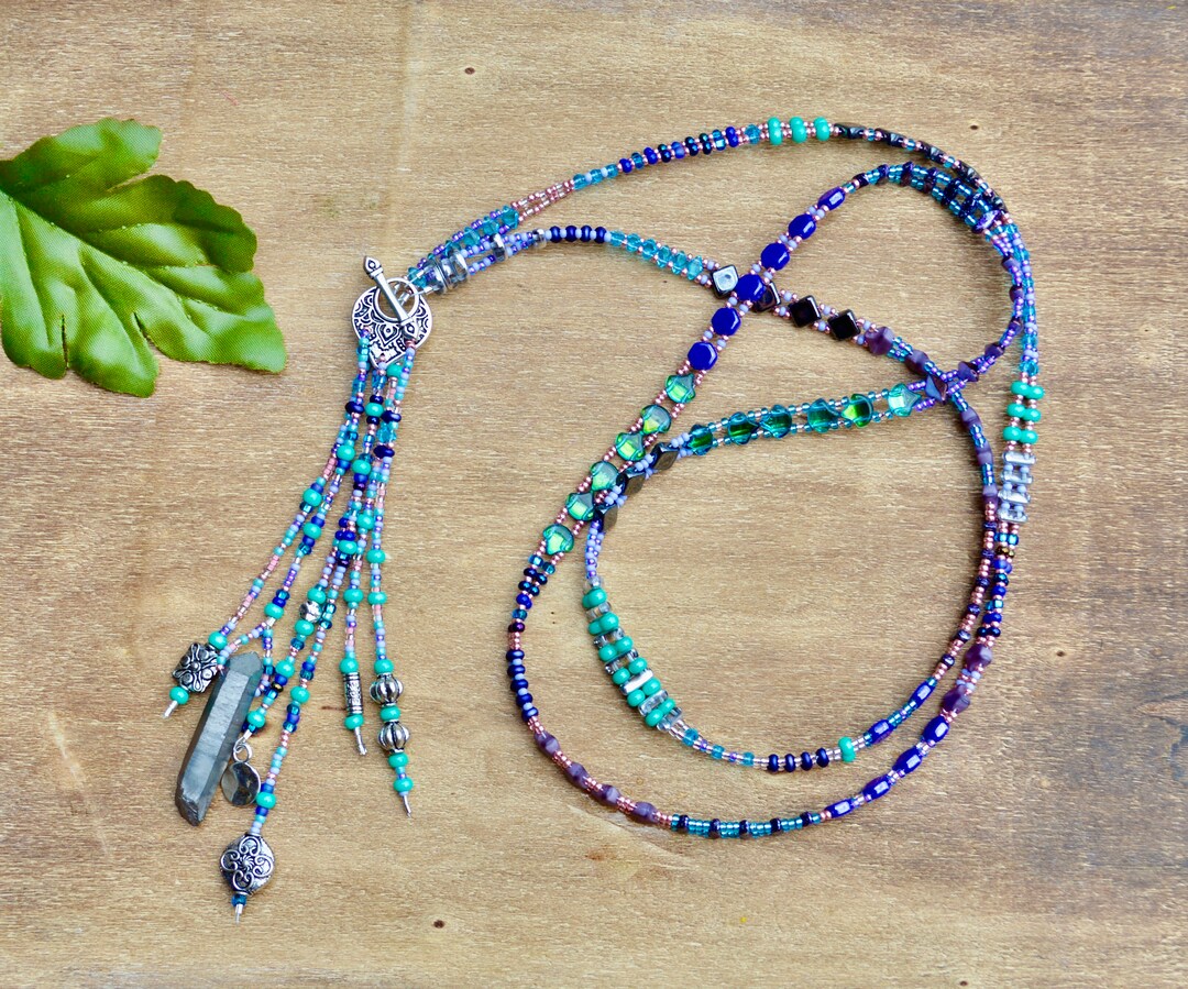 Lariat Beaded Necklace / Turquoise and Purple Beaded Boho - Etsy
