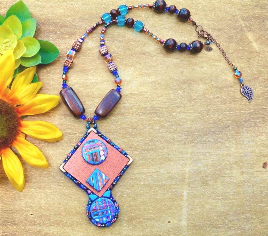 Hand Painted Geometric Wearable Art Abstract Beaded Boho Pendant ...