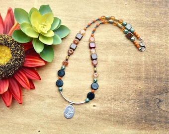 Earth Tone Beaded Necklace and Earrings Jewelry Gift Set - Handmade Boho Gift For Women