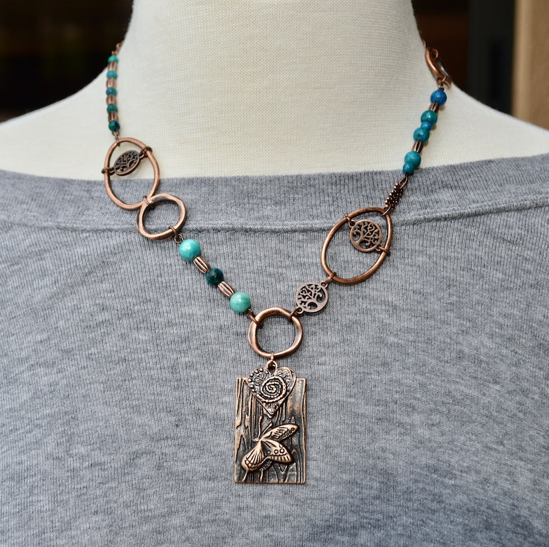 Dragonfly Tree Of Life Copper Turquoise Beaded Bohemian Chunky Necklace/Art/Rustic Chunky Eclectic Copper and Turquoise Jewelry/Gift For Her image 1