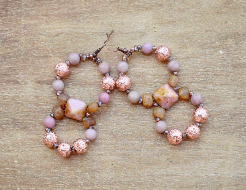 rhodonite gemstone beaded double hoop earrings / bohemian image 5