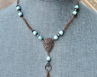 Turquoise and Copper Bohemian Beaded Chain Necklace - Handmade Statement Jewelry - Gift For Her - Bohemian Jewelry
