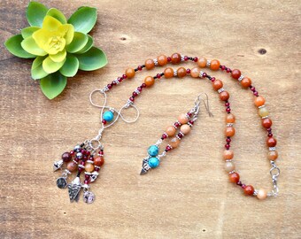 Turquoise and Jade Beaded Necklace and Earrings Set: Handmade Bohemian Jewelry