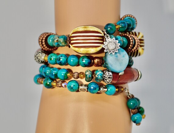 Turquoise and Jasper Beaded Boho Wrap Bracelet/memory Wire | Etsy