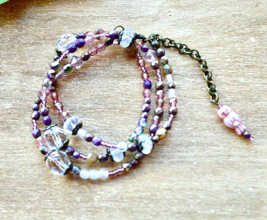 Pink Beaded Wrap Bracelet: Antique Brass Owl Charm, Boho Jewelry
