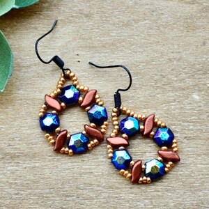 Sparkly Beaded Handmade Hoop Earrings - Handmade Jewelry - Boho Jewelry - Gold And Blue Dangle Earrings - Copper Earrings - Beaded Earrings