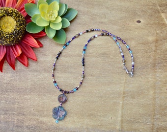 Sparkly crystal flower pendant beaded handmade necklace - handmade jewelry - bohemian necklace