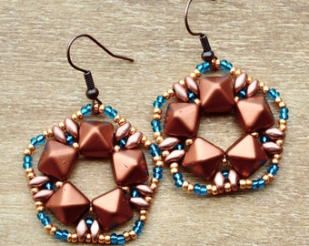 Hand Sewn Copper Turquoise Seed Bead Earrings: Boho Dangle Jewelry