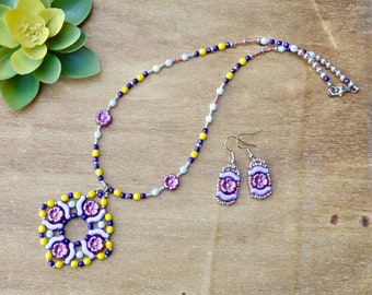 Handmade Floral Jewelry Set in Pink and Purple - Seed Bead Necklace and Earrings - Handmade Jewelry - Gift For Her - Boho Jewelry