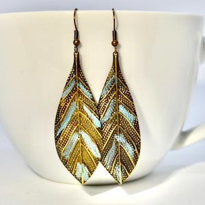 Hammered Brass Teardrop Earrings: Boho Antique Leaf Dangle
