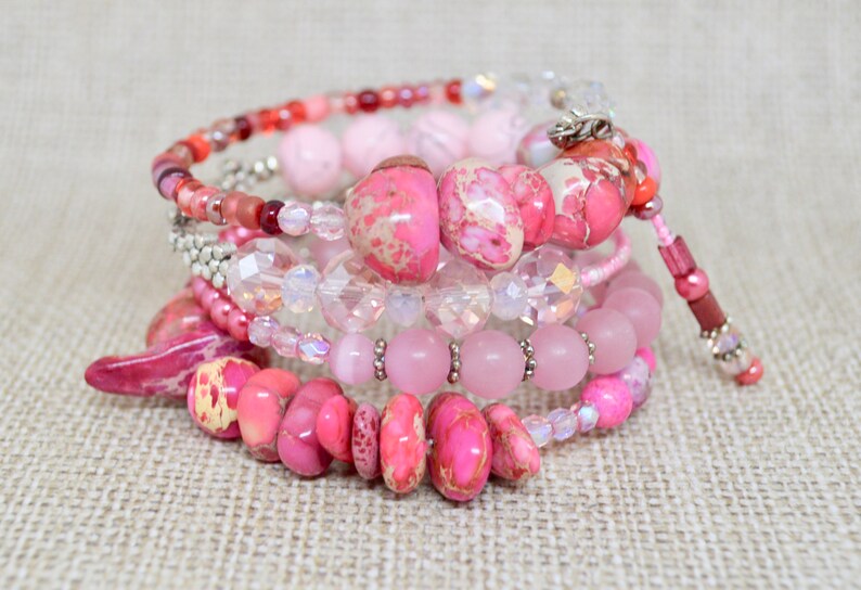 Pink bracelet pink beaded bracelet gift for her beaded wrap | Etsy