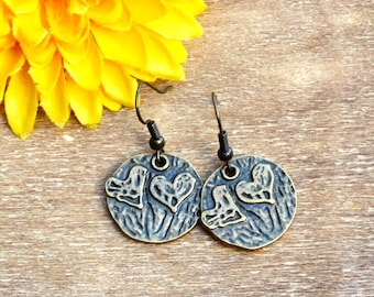 Antique Brass Heart Dangle Earrings: Bohemian Summer Jewelry
