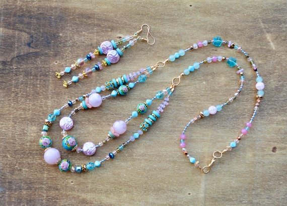 Coquette Beaded Necklace and Earring Jewelry Set / Pink Quartz and Blue  Layering Necklace / Boho Jewelry / Shabby Chic /statement Necklace 