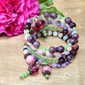 Amethyst Pink and Purple Beaded Wrap Bracelet: Boho Victorian Style, Handmade Charms
