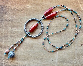 Handmade Bohemian Beaded Necklace: Czech Glass, Upcycled Silver Pendant