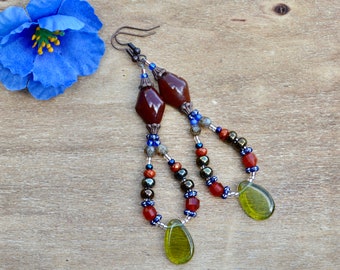 teardrop hoop carnelian earrings / beaded earrings / handmade jewelry / bohemian beaded earrings / gift for her / Bohemian earrings