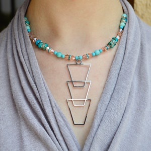 Geometric Silver Pendant Choker: Turquoise Beaded Boho Necklace