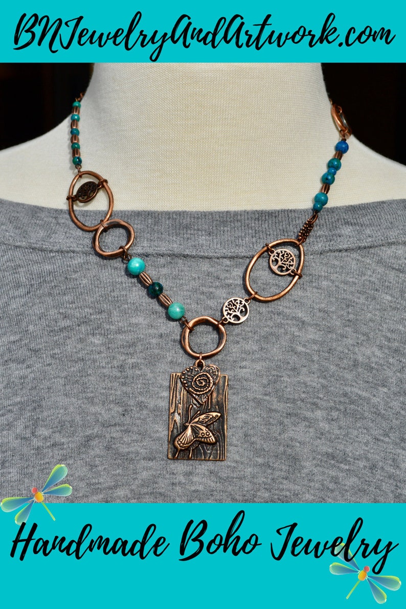 Dragonfly Tree Of Life Copper Turquoise Beaded Bohemian Chunky Necklace/Art/Rustic Chunky Eclectic Copper and Turquoise Jewelry/Gift For Her image 2