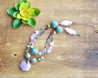 Rose Quartz Pendant Necklace: Bohemian Beaded Statement Jewelry