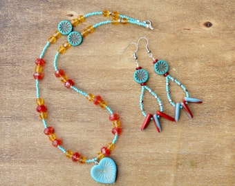necklace / earrings / turquoise heart beaded bohemian necklace and earring set / summer jewelry / handmade gift / gifts for her / mom gift