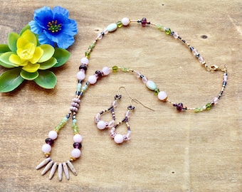 Handmade Rose Quartz Peridot Necklace and Earrings Set: Shabby Chic Jewelry